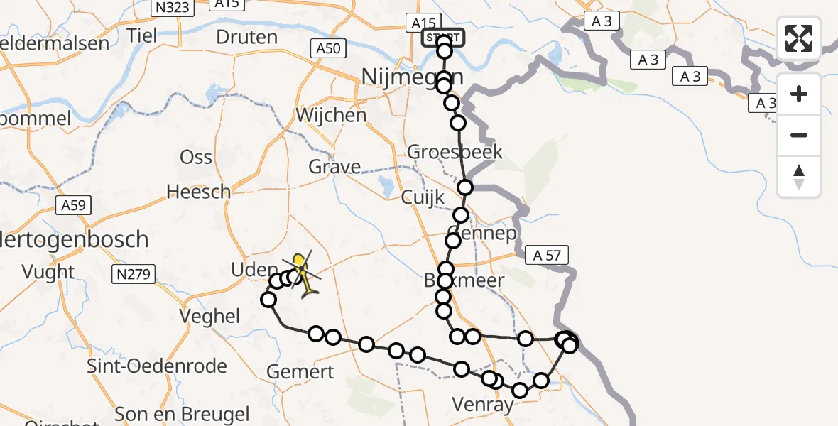 Routekaart van de vlucht: Politieheli naar Vliegbasis Volkel