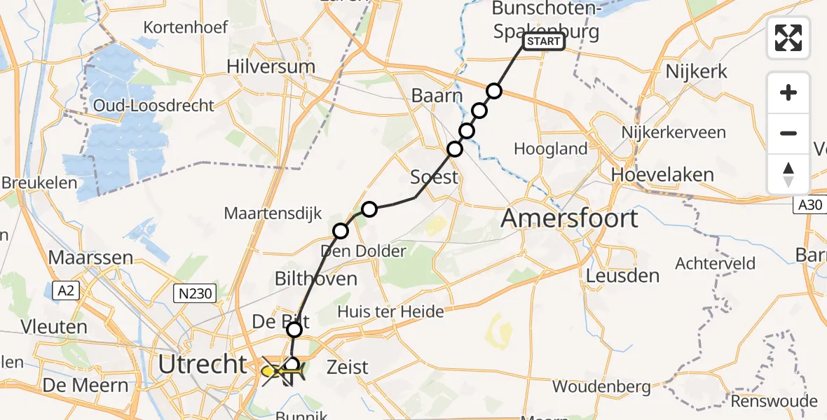 Routekaart van de vlucht: Lifeliner 1 naar Universitair Medisch Centrum Utrecht