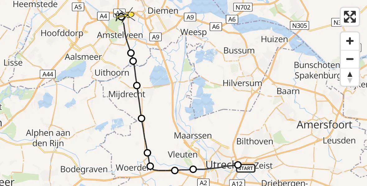 Routekaart van de vlucht: Lifeliner 1 naar VU Medisch Centrum Amsterdam