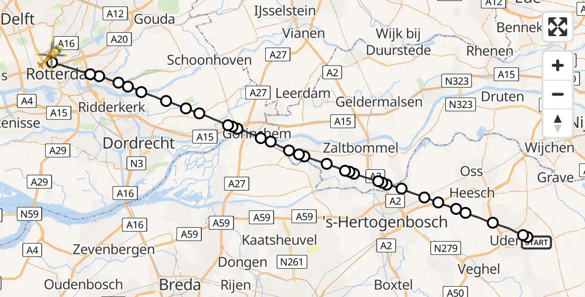 Vluchtroute Traumahelikopter Vliegbasis Volkel - Rotterdam The Hague Airport, 15 april 2023, 15:55