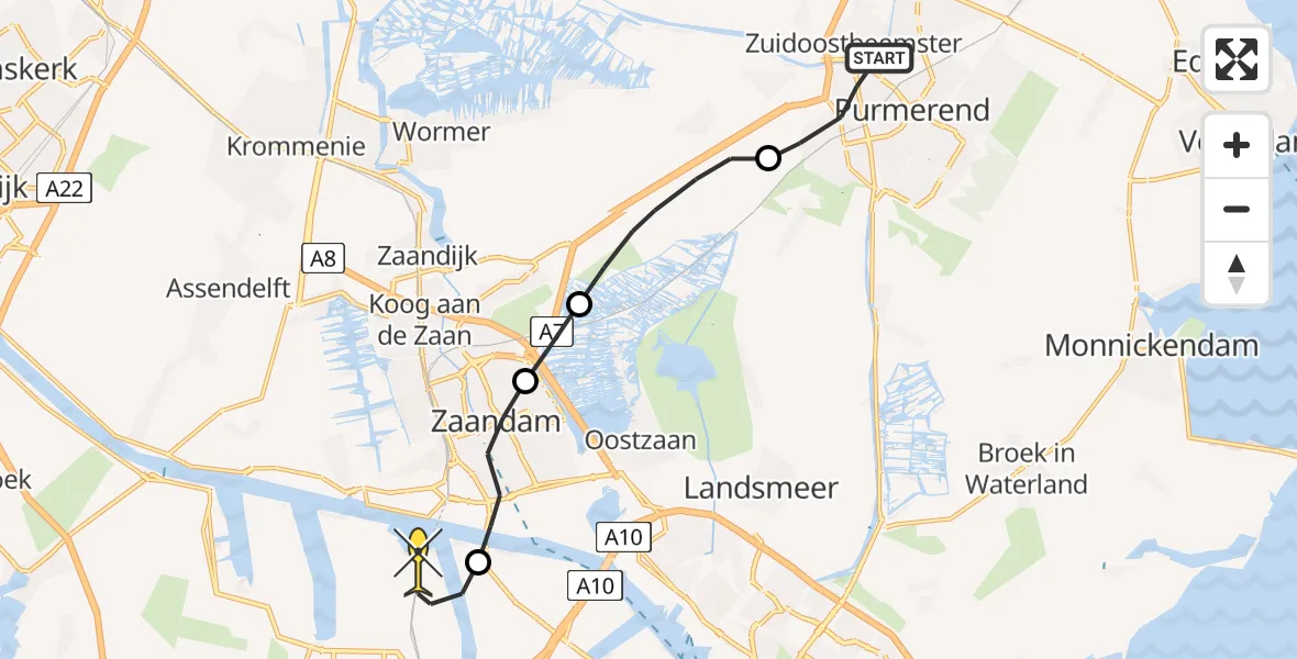 Routekaart van de vlucht: Lifeliner 1 naar Amsterdam Heliport