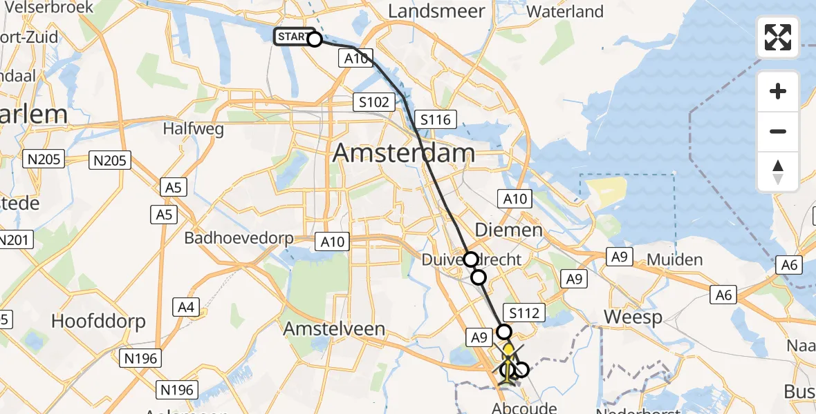 Routekaart van de vlucht: Lifeliner 1 naar Academisch Medisch Centrum (AMC)