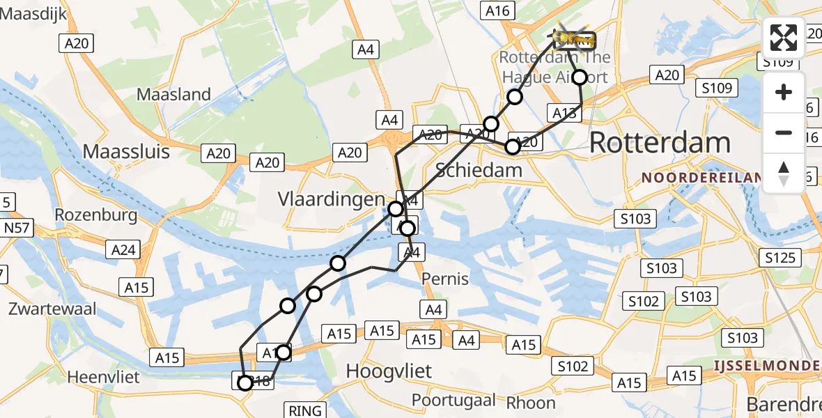 Vluchtroute Traumahelikopter Rotterdam The Hague Airport - Rotterdam The Hague Airport, 16 april 2023, 14:33