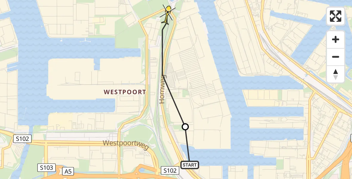 Routekaart van de vlucht: Lifeliner 1 naar Amsterdam Heliport