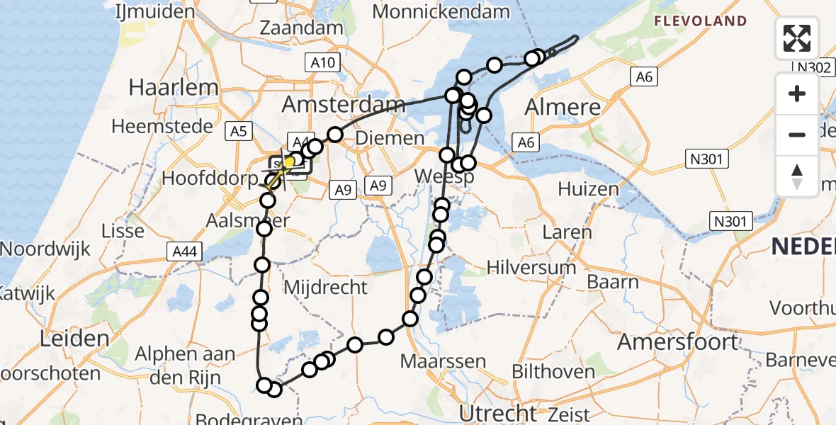 Routekaart van de vlucht: Politieheli naar Schiphol