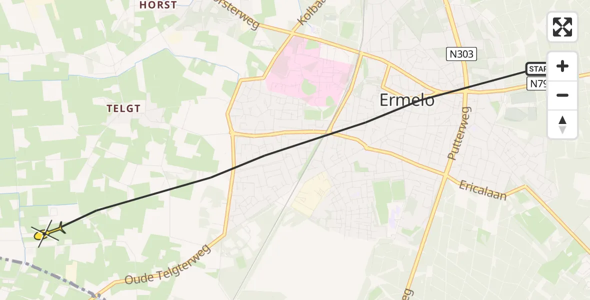 Routekaart van de vlucht: Politiehelikopter naar Ermelo