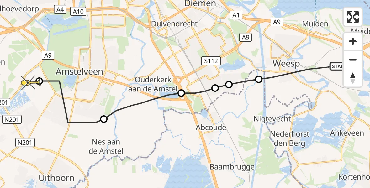 Routekaart van de vlucht: Politiehelikopter naar Aalsmeer