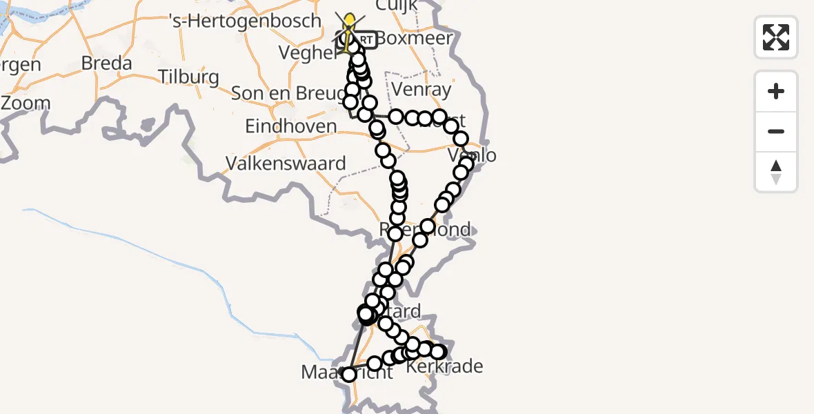 Routekaart van de vlucht: Politieheli naar Vliegbasis Volkel