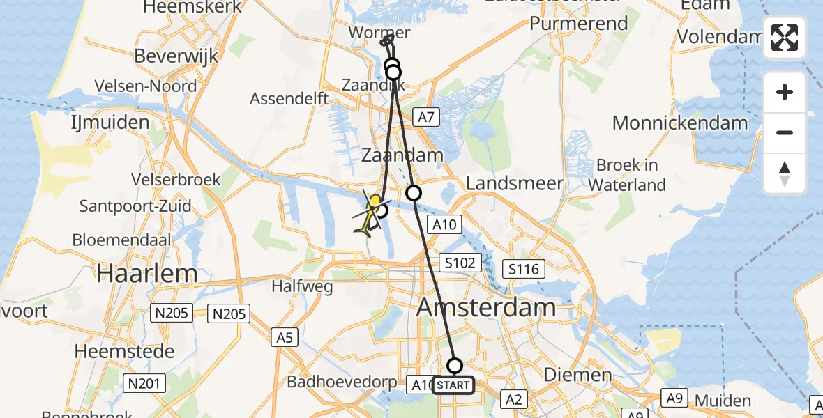 Routekaart van de vlucht: Lifeliner 1 naar Amsterdam Heliport
