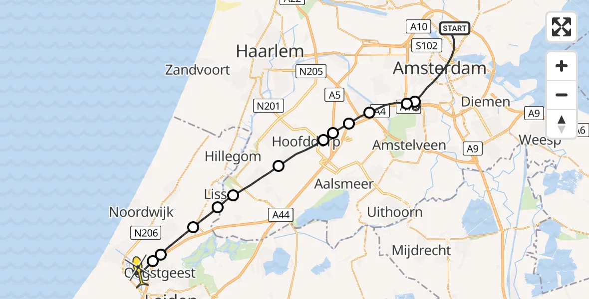 Routekaart van de vlucht: Lifeliner 1 naar Rijnsburg