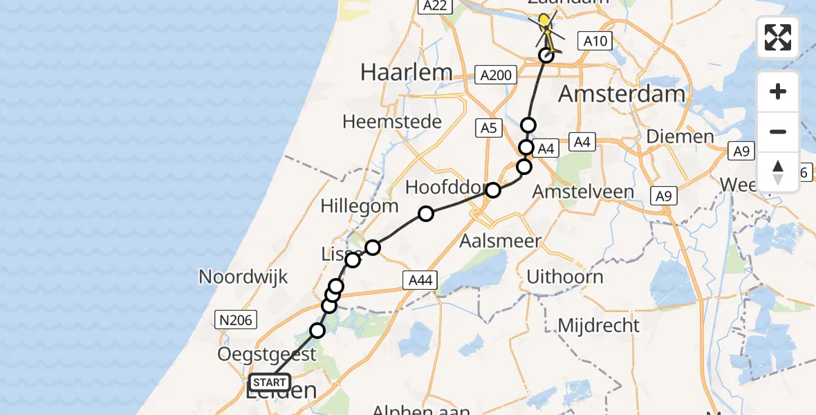 Routekaart van de vlucht: Lifeliner 1 naar Amsterdam Heliport