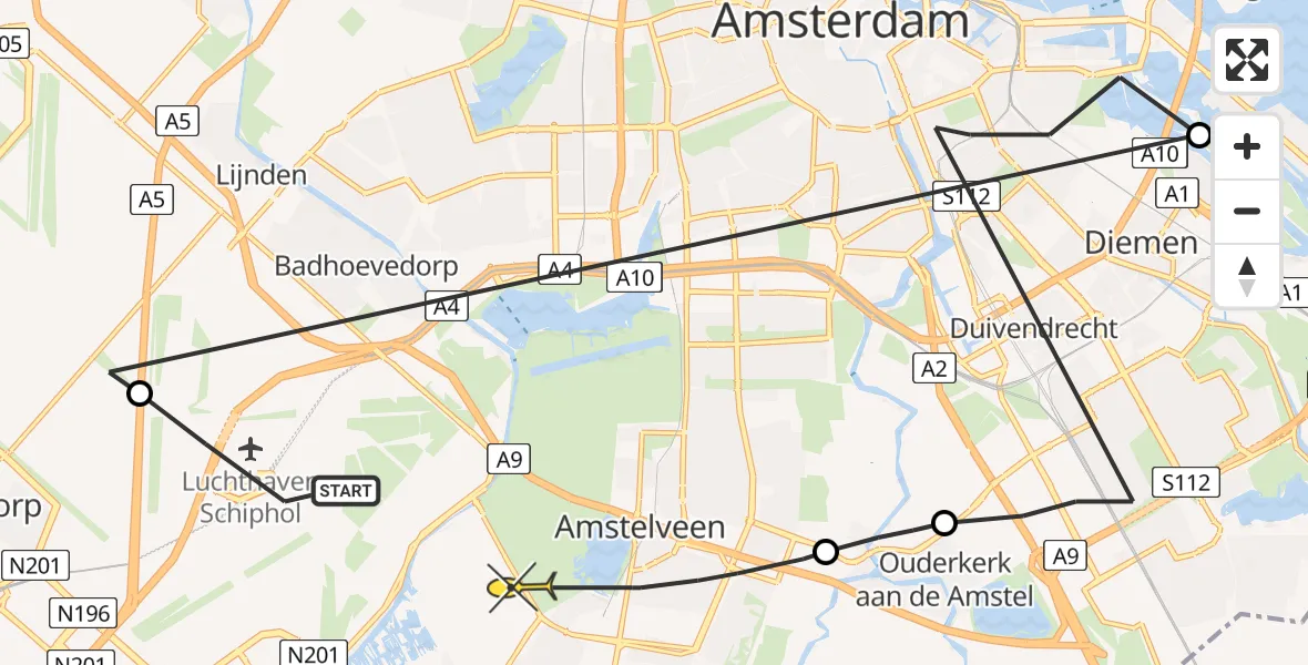 Routekaart van de vlucht: Politieheli naar Amstelveen