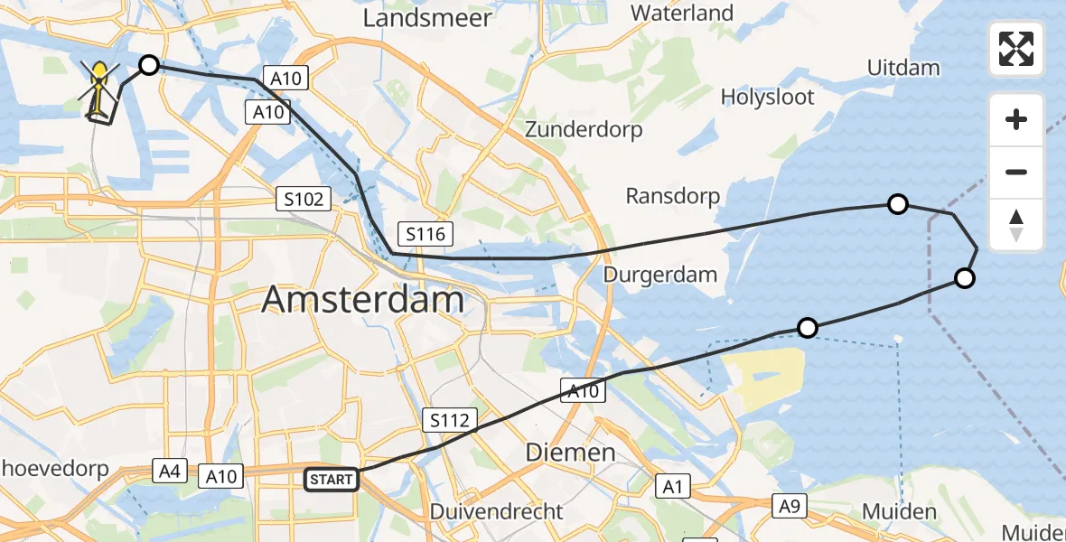 Routekaart van de vlucht: Lifeliner 1 naar Amsterdam Heliport