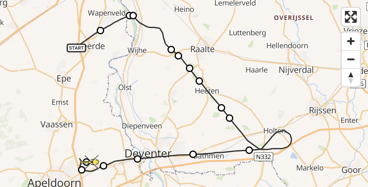 Routekaart van de vlucht: Politieheli naar Vliegveld Teuge