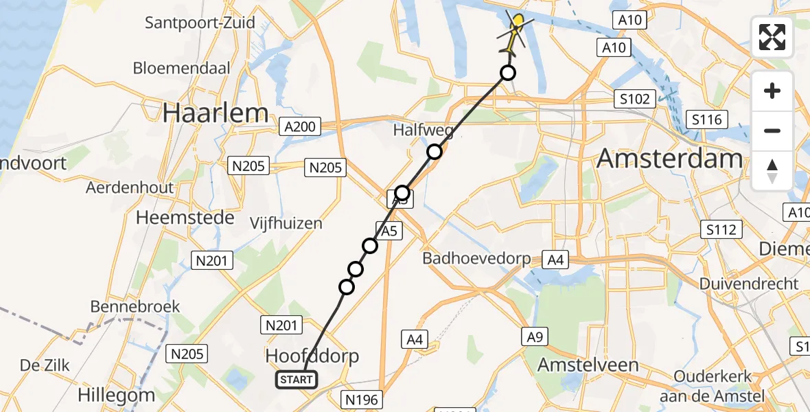 Routekaart van de vlucht: Lifeliner 1 naar Amsterdam Heliport