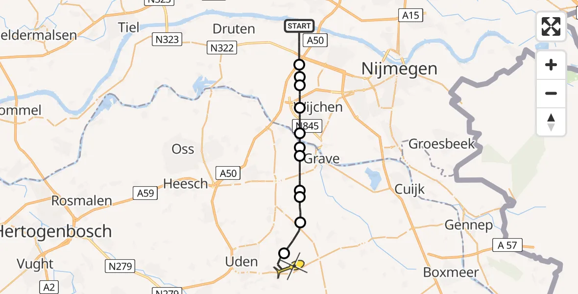 Routekaart van de vlucht: Politiehelikopter naar Vliegbasis Volkel