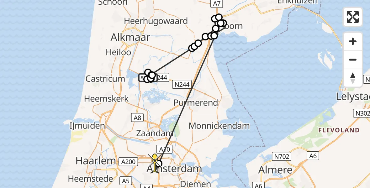 Routekaart van de vlucht: Politieheli naar Amsterdam