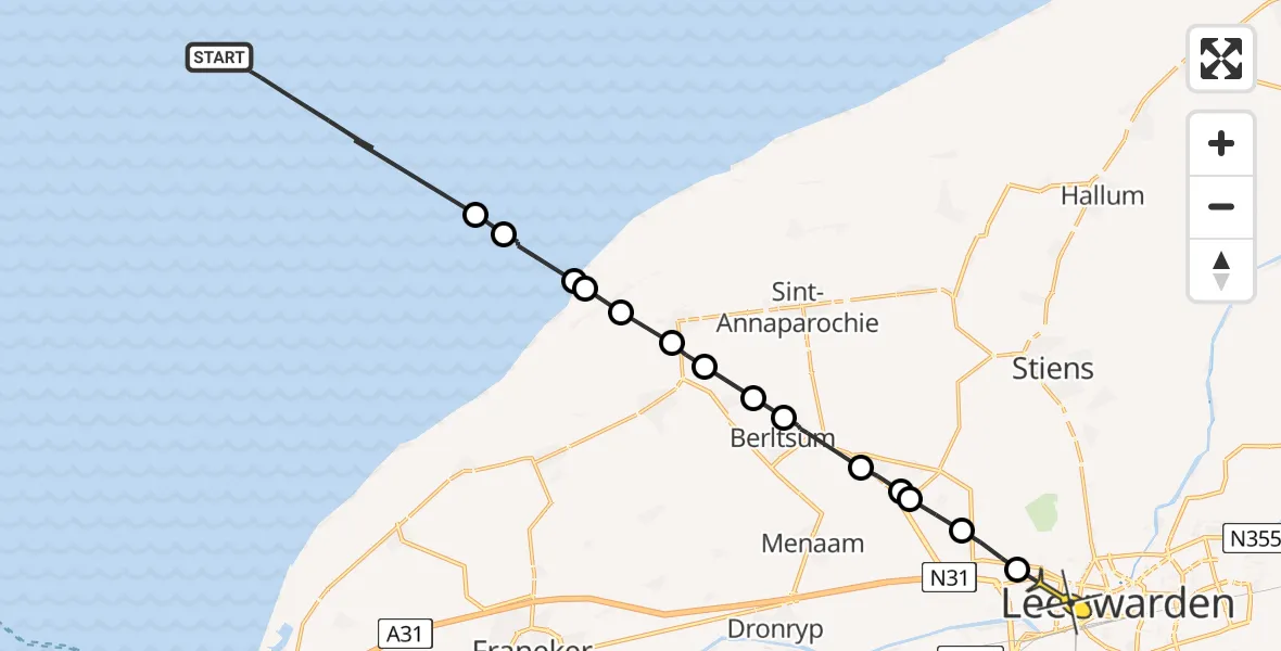 Routekaart van de vlucht: Ambulanceheli naar Leeuwarden