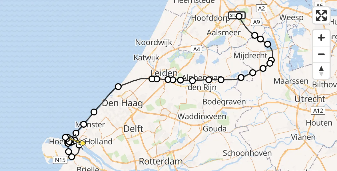 Routekaart van de vlucht: Politieheli naar Hoek van Holland