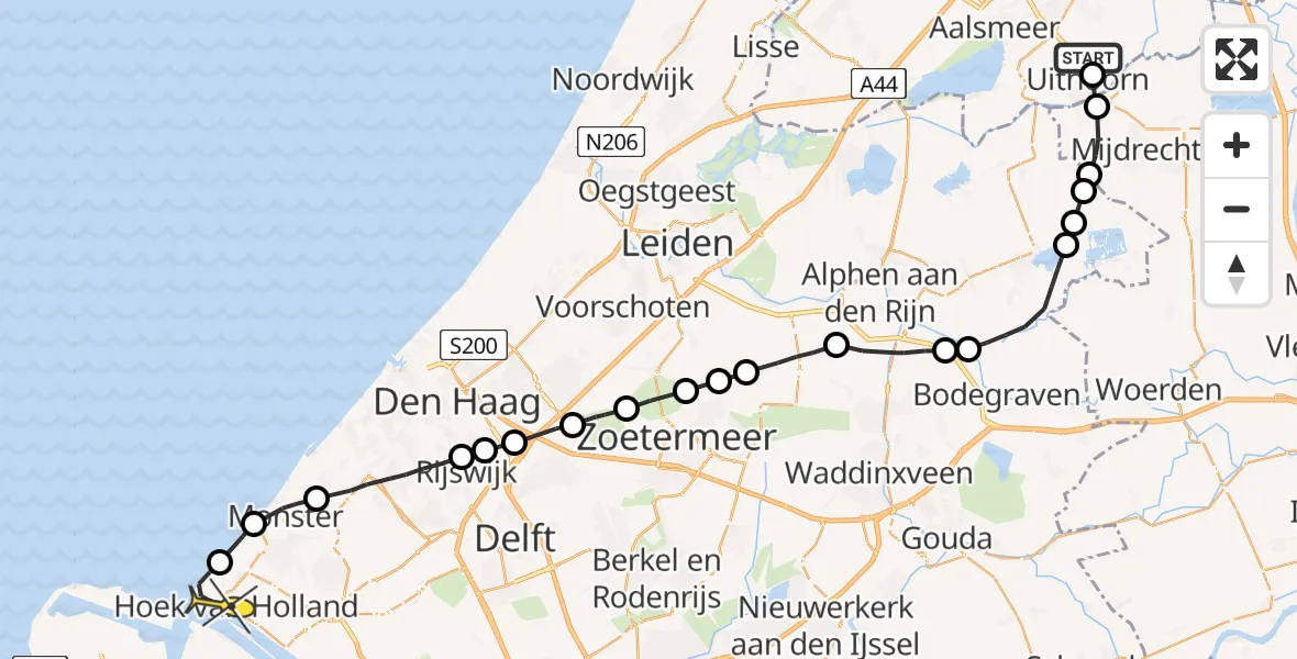 Routekaart van de vlucht: Politieheli naar Hoek van Holland