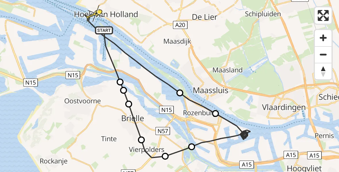 Routekaart van de vlucht: Politieheli naar Hoek van Holland