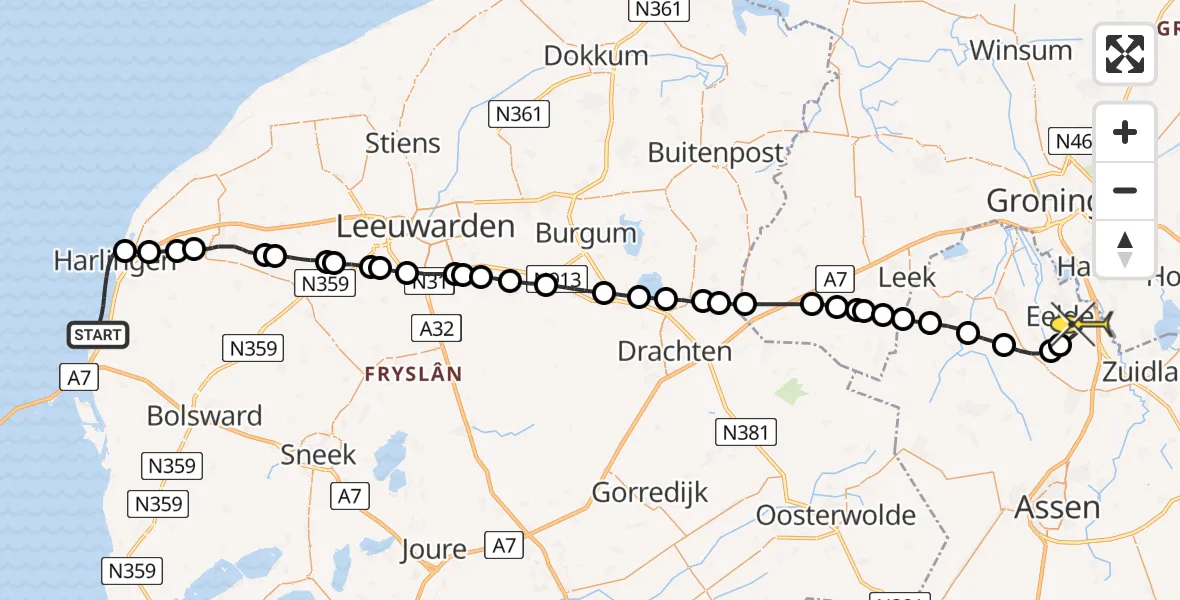 Routekaart van de vlucht: Lifeliner 4 naar Groningen Airport Eelde