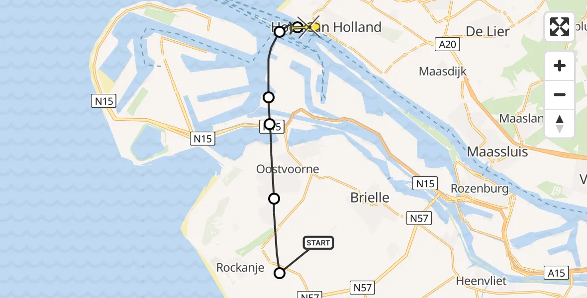Routekaart van de vlucht: Politiehelikopter naar Hoek van Holland