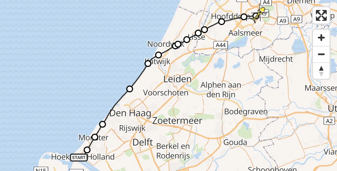 Routekaart van de vlucht: Politieheli naar Schiphol