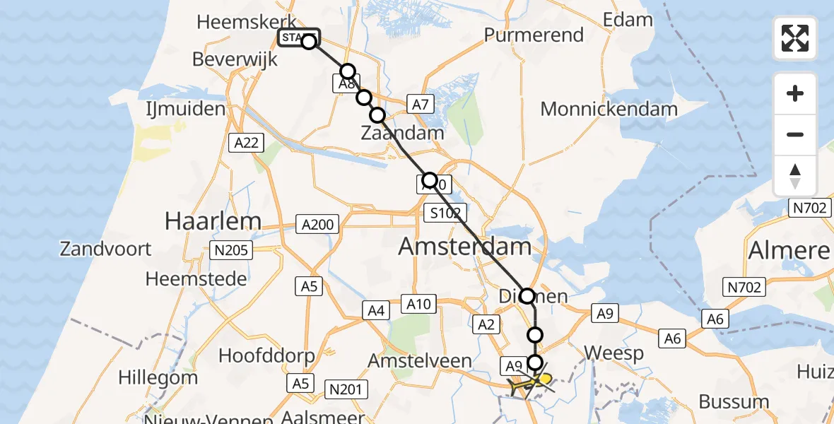 Routekaart van de vlucht: Lifeliner 1 naar Academisch Medisch Centrum (AMC)