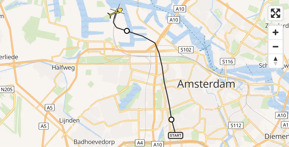 Routekaart van de vlucht: Lifeliner 1 naar Amsterdam Heliport