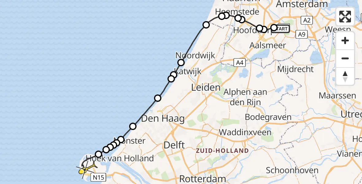 Routekaart van de vlucht: Politieheli naar Maasvlakte