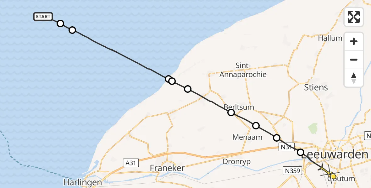 Routekaart van de vlucht: Ambulanceheli naar Leeuwarden