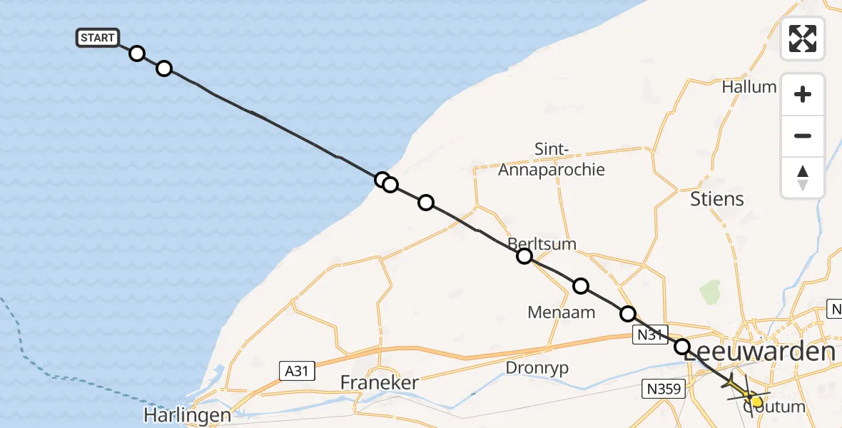 Routekaart van de vlucht: Ambulancehelikopter naar Leeuwarden