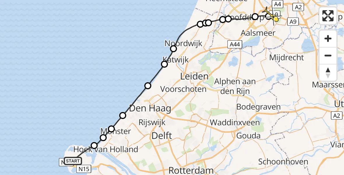 Routekaart van de vlucht: Politieheli naar Schiphol