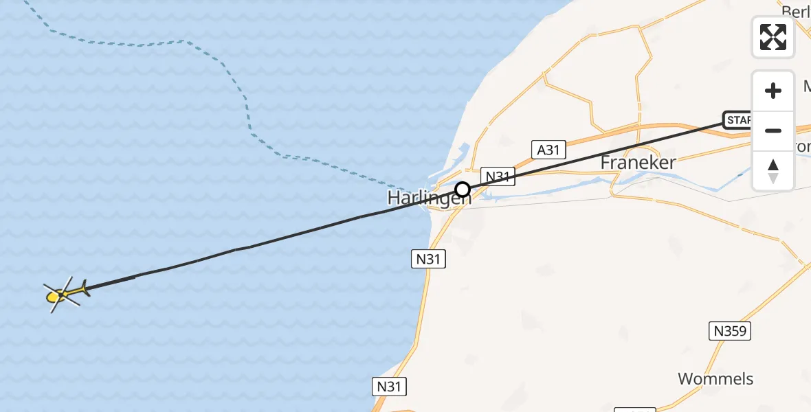 Routekaart van de vlucht: Ambulancehelikopter naar Harlingen