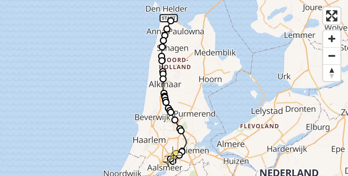 Routekaart van de vlucht: Politieheli naar Schiphol