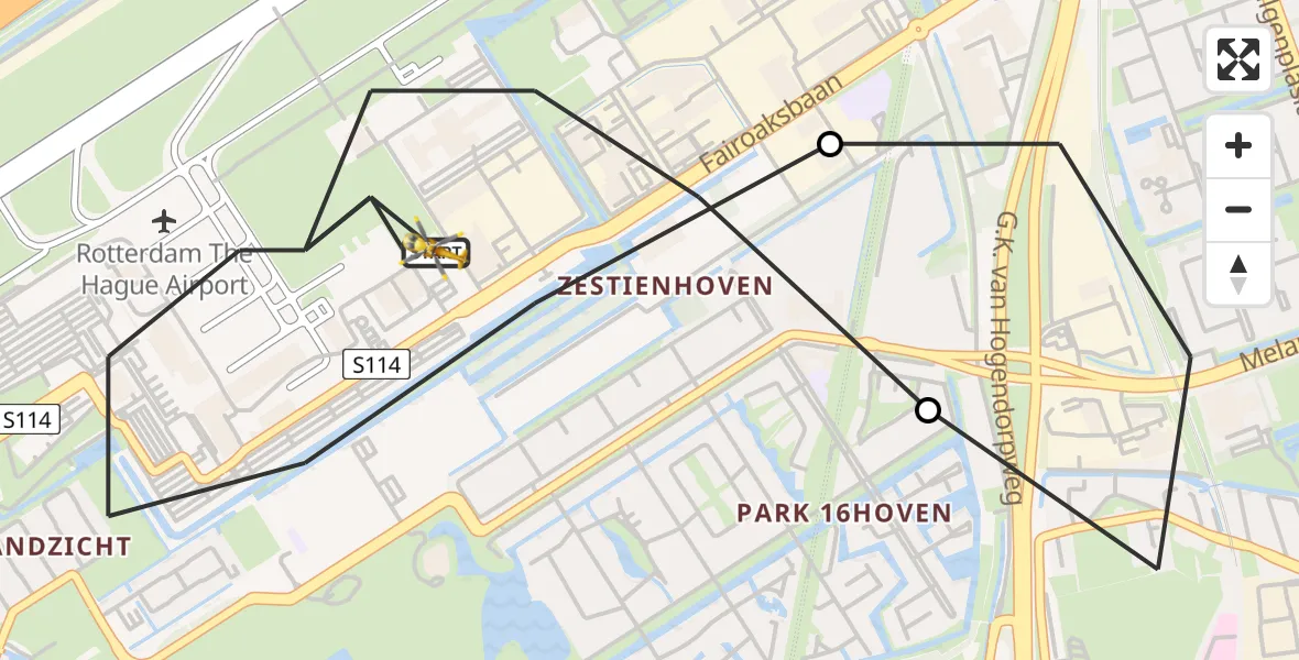 Vluchtroute Traumahelikopter Rotterdam The Hague Airport - Rotterdam The Hague Airport, 21 april 2023, 05:36