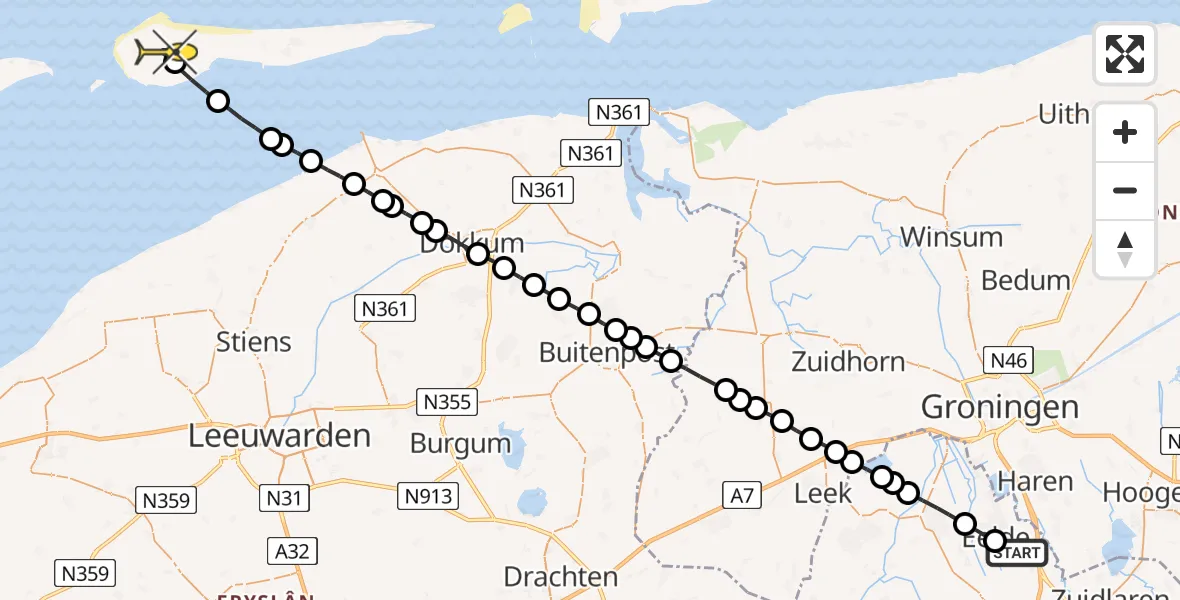 Routekaart van de vlucht: Lifeliner 4 naar Ameland Airport Ballum