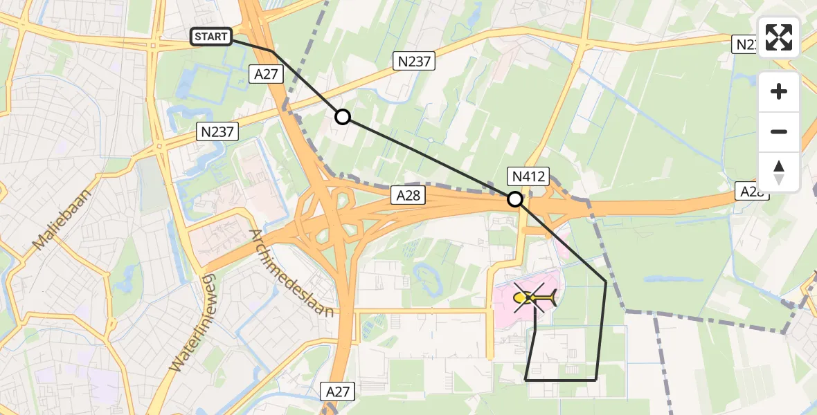 Routekaart van de vlucht: Lifeliner 1 naar Universitair Medisch Centrum Utrecht