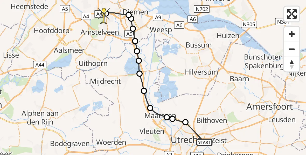 Routekaart van de vlucht: Lifeliner 1 naar VU Medisch Centrum Amsterdam