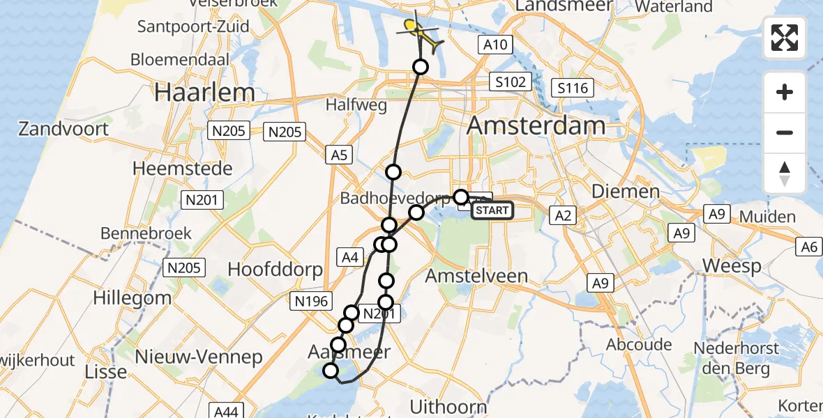 Routekaart van de vlucht: Lifeliner 1 naar Amsterdam Heliport