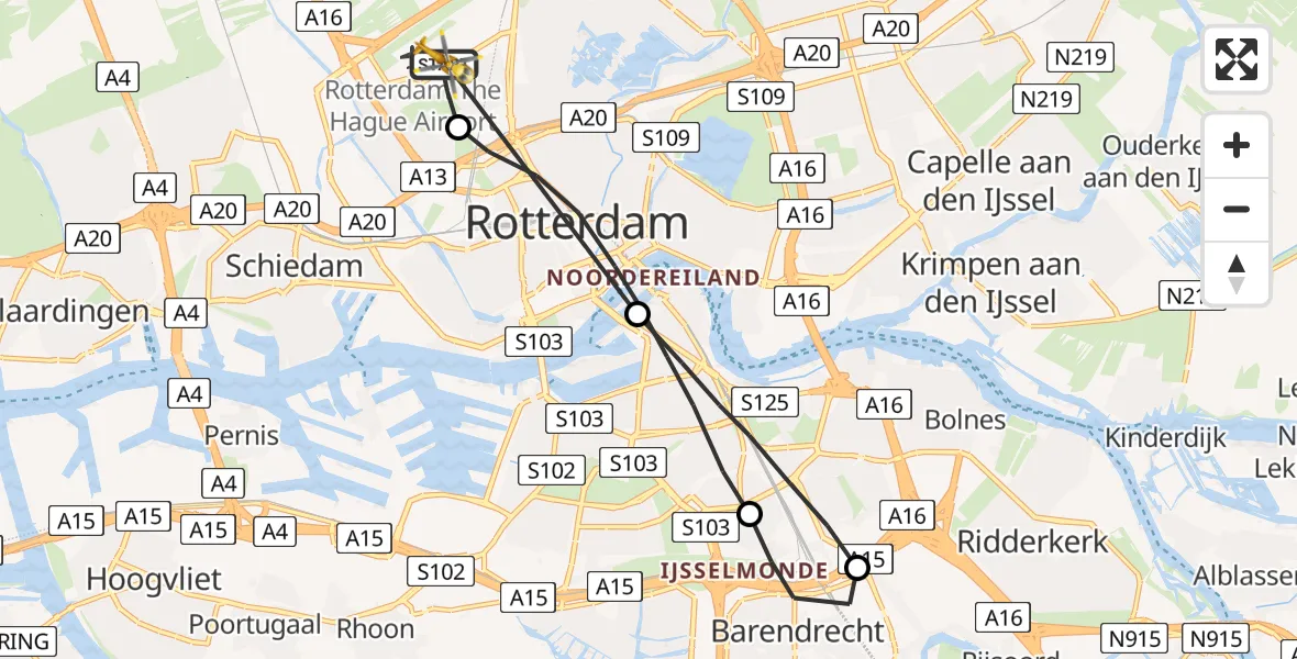 Vluchtroute Traumahelikopter Rotterdam The Hague Airport - Rotterdam The Hague Airport, 22 april 2023, 06:31