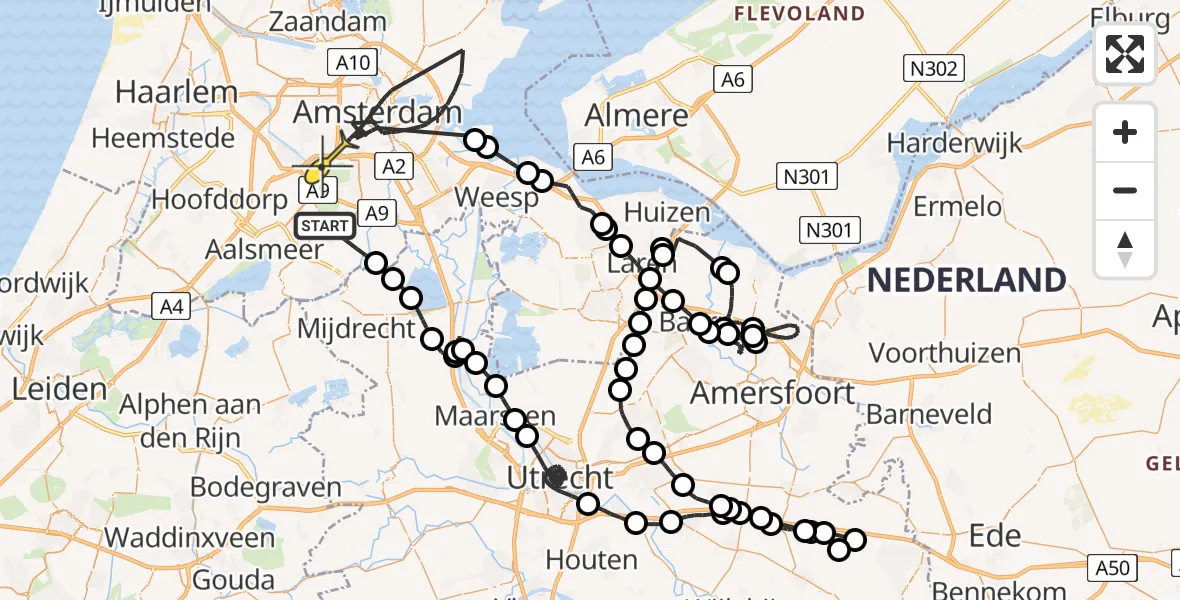 Routekaart van de vlucht: Politieheli naar Amsterdam