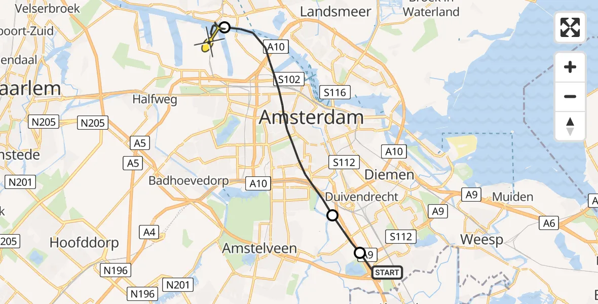 Routekaart van de vlucht: Lifeliner 1 naar Amsterdam Heliport