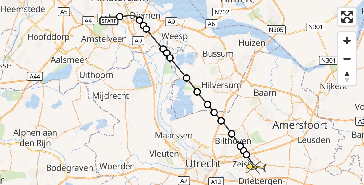 Routekaart van de vlucht: Lifeliner 1 naar Zeist