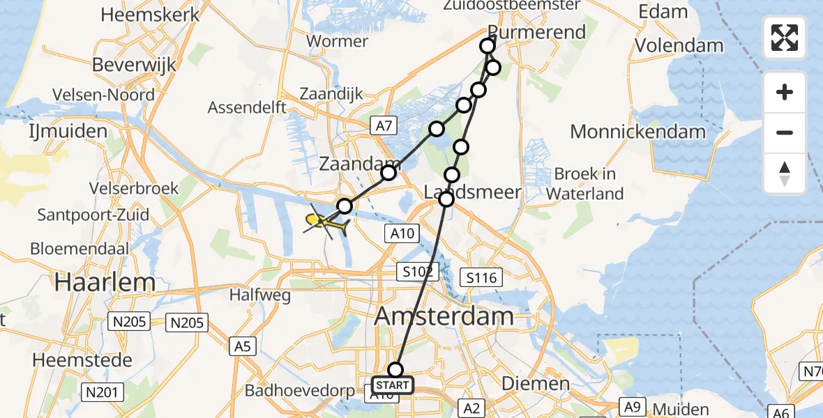 Routekaart van de vlucht: Lifeliner 1 naar Amsterdam Heliport