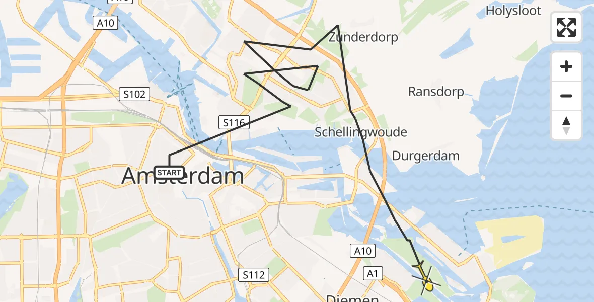 Routekaart van de vlucht: Politieheli naar Amsterdam