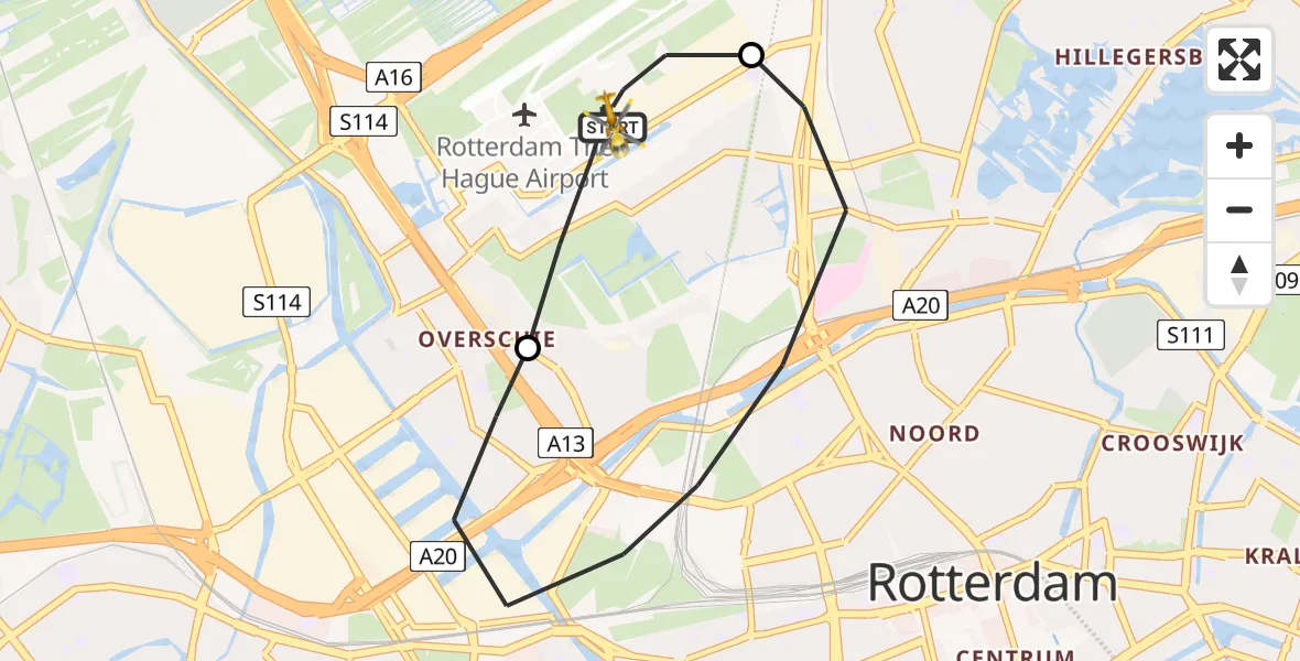Vluchtroute Traumahelikopter Rotterdam The Hague Airport - Rotterdam The Hague Airport, 23 april 2023, 10:42