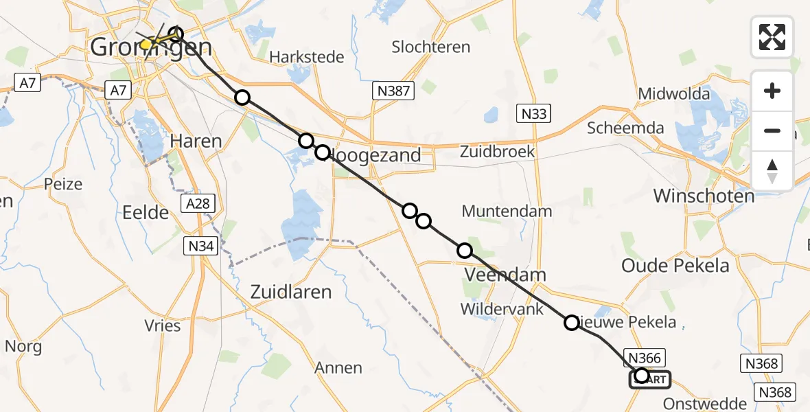 Routekaart van de vlucht: Lifeliner 4 naar Universitair Medisch Centrum Groningen