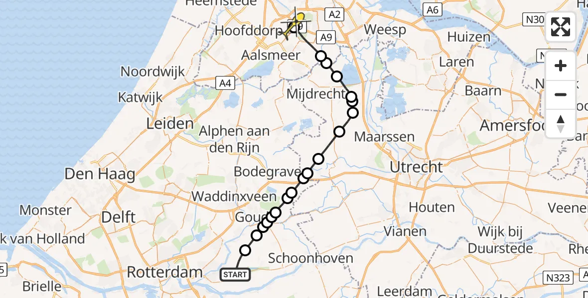 Routekaart van de vlucht: Politieheli naar Schiphol